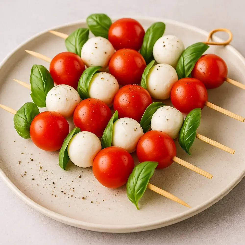 Two bocconcini skewers with grape tomatoes and basil on charcuterie board Mini mozzarella skewers with fresh herbs and cherry tomatoes for grazing tables Appetizer-size bocconcini skewers for Hamilton events and catering
