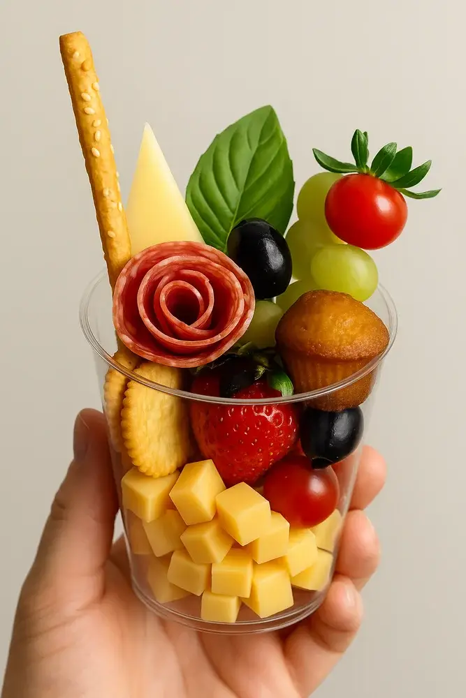 charcuterie cup Hamilton with gourmet meats and cheese individual grazing cup arranged with crackers, cheese, fruit